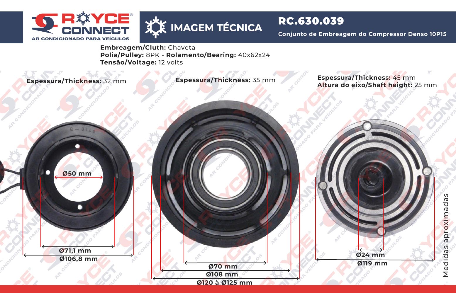 Conjunto de Embreagem do Compressor Denso 10P15 6P148 Máquina Trator